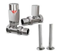 UK Radiators White Thermostatic Radiator Valves and Straight Lockshield Valve - Gloss White Finish - Modern Design 1/2" x 15mm Straight Radiator Valves with 130mm Pipe Covers