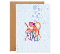 UK Seed Paper Plantable Greetings Card The Octopus Large Size (140 x 180mm Folded), Eco Friendly Card and Seed Envelope with Octopus Design