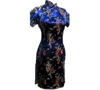 UK Seller Navy Blue Dragon & Phoenix Chinese Short Evening Mini Party Dress Cheongsam Qipao Despatch Same Working Day (UK 14)