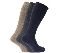 (UK Shoe 6-11, EUR 39-45, Brown/Blue/Dark Grey) Mens Thermal Wool Blend Long Wellington Boot Socks (Pack Of 3)
