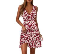 UK Short Green Dresses Casual Swing Ruffle Floral Printed V Neck Sleeveless Strappy Pleated Dress Cotton Dresses for Women UK (Wine, XXL)