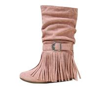 UK Size 11.5 Girls Fringe Mid Calf Tassel Boots Suede Round Toe Flat Western Boots Riding Boot with Tassel for Little Kid Big Kid Pink