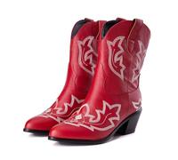 UK Size 11 Ankle Cowboy Boots for Women Classic Cowgirl Boots, Western Boot with Embroidered Pointed Toe Chunky Heel Pull on Retro Vintage Short Booties for Ladies Red
