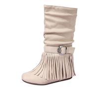 UK Size 12 Girls Fringe Mid Calf Tassel Boots Suede Round Toe Flat Western Boots Riding Boot with Tassel for Little Kid Big Kid Beige