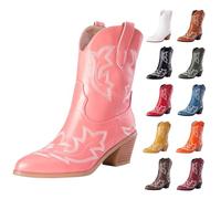 UK Size 3.5 Ankle Cowboy Boots for Women Classic Cowgirl Boots, Western Boot with Embroidered Pointed Toe Chunky Heel Pull on Retro Vintage Short Booties for Ladies Pink