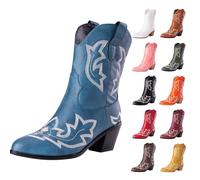 UK Size 3.5 Ankle Cowboy Boots for Women Classic Cowgirl Boots, Western Boot with Embroidered Pointed Toe Chunky Heel Pull on Retro Vintage Short Booties for Ladies Blue