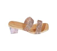 UK Size 4.5 Clear Heels Slide sandals for Women Mules Rhinestones Transparent Two Strap Block Chunky Square Heel Sandals Open Toe Slip On Sandals Sandle Footwear Gold