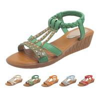 uk Size 4.5 Dressy Wedge Sandals for Women Comfort Summer Beach Sandals Slip-On T-Bar Beaded Glitter Bohemian Wedges Walking Sandal with Elastica Back Strap Gifts Footwear 001_Green
