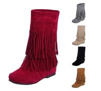 UK Size 4.5 Girls Womens Fringe Mid Calf Tassel Boots Suede Round Toe Flat Western Boots Riding Boot with Tassel for Little Kid Big Kid Women 002_Red