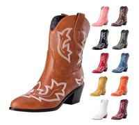 UK Size 4 Ankle Cowboy Boots for Women Classic Cowgirl Boots, Western Boot with Embroidered Pointed Toe Chunky Heel Pull on Retro Vintage Short Booties for Ladies Brown