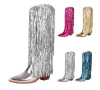 UK Size 4 Fringe Cowboy Boots for Women Metallic Knee High Cowgirl Boots Sparkly Wedding Western Party Chunky Stacked Block Heel Tall Booties Fashion Pull on Pointy Toe Silver