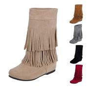 UK Size 4 Girls Womens Fringe Mid Calf Tassel Boots Suede Round Toe Flat Western Boots Riding Boot with Tassel for Little Kid Big Kid Women 002_White