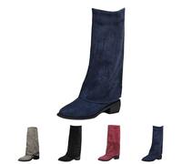 UK Size 4 Knee High Boots Women Fold Over Faux Suede Calf Long Boots Chunky Mid Heels Pull on Dress Tall Boots Party Fashion Boot for Women Blue