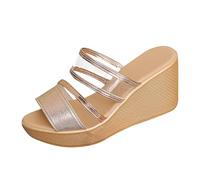 UK Size 4 Women's Platform Slip on Wedge Heels Sandals Clear Two Strap Open Toe Flatform Mules mid Heels Transparent Slides Shoes for Party Dressy Sandle Footwear Gold