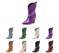 UK Size 4 Women's Wedge Cowgirl Cowboy Western Boots Booties Animal Print Mid Calf Pointed Toe Stacked Block Chunky Heels Short Ankle Boot Shoes Vintage Party Casual C1_Purple