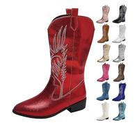 UK Size 5.5 Cowboy Boots for Women Metallic Mid Calf Cowgirl Boots with Embroidery Sparkly Western Wide Calf Chunky Stacked Block Heel Short Booties Fashion Pull on Pointy Toe Red