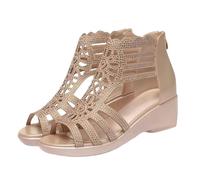 UK Size 5.5 Ladies Wedge Gladiator Sandals Womens Peep Toe Roman Wedge Hollow out Sandals with Zipper Back Bling Rhinestone Dress Sandal ankle Bootie Sandle Footwear Gold