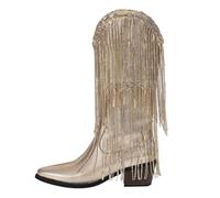 UK Size 5 Fringe Cowboy Boots for Women Metallic Mid Calf Cowgirl Boots Glitter Sparkly Western Wide Calf Chunky Stacked Block Heel Short Booties Fashion Pull on Pointy Toe Gold