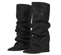UK Size 5 Knee High Boots Women Fold Over Slouched Knee Length Boots Chunky High Heels Slouch Long Boot Pointed Toe Sexy Dress Tall Booties for Ladies Black