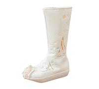 UK Size 5 Women Hanfu Boots Chinese Ancient Traditional Embroidered Shoes Kung Fu Tai Chi Calf Length Shoes Booties with Side Zipper White
