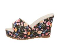 UK Size 5 Women's Flowers Platform Slip on Wedge Heels Sandals Open Toe Flatform Mules mid Heels Slides Shoes for Party Dressy Sandle Footwear Black