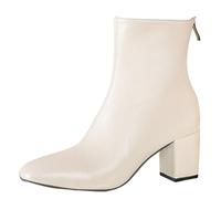 UK Size 5 Women's Leather Square Toe Back Zip Chunky Low Block Heels Ankle Boots Elegant Tall Shaft Fall Winter Heeled Dress Booties Shoes White