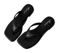 UK Size 5 Women's Square Toe Thong Sandal Slim Flip Flops Flat Leather Comfortable Summer Dress Beach Thong Walking Sandals Fashion Flat Slip On Slides Low Heels Sandle Footwear Black