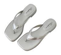 UK Size 5 Women's Square Toe Thong Sandal Slim Flip Flops Flat Leather Comfortable Summer Dress Beach Thong Walking Sandals Fashion Flat Slip On Slides Low Heels Sandle Footwear Silver
