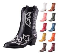 UK Size 6.5 Ankle Cowboy Boots for Women Classic Cowgirl Boots, Western Boot with Embroidered Pointed Toe Chunky Heel Pull on Retro Vintage Short Booties for Ladies Black