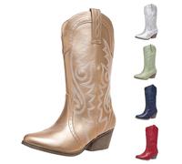 UK Size 6.5 Western Boots for Women Metallic Embroidered Pointed Toe Cowboy Boots Pull on Tabs Cowgirl Booties Mid Calf Western Chunky Heel Cow Girl Boot Gold
