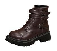 UK Size 6.5 Women's Lace up Motorcycle Booties Buckles Zipper Fashion Ankle Boots Leather Platform Lug Sole Low Chunky Heel Combat Boots Fall Winter Boot Brown