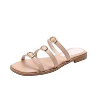 UK Size 6.5 Women's Slides Square Open Toe Quilted 3 Buckle Band Slip on Flat Sandals Trendy Slippers for Summer Sandle Footwear Yellow