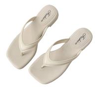 UK Size 6 Women's Square Toe Thong Sandal Slim Flip Flops Flat Leather Comfortable Summer Dress Beach Thong Walking Sandals Fashion Flat Slip On Slides Low Heels Sandle Footwear Beige
