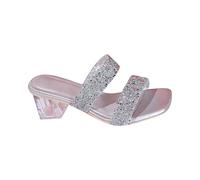 UK Size 7 Clear Heels Slide sandals for Women Mules Rhinestones Transparent Two Strap Block Chunky Square Heel Sandals Open Toe Slip On Sandals Sandle Footwear Silver
