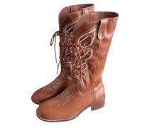 UK Size 7 Lace up Cowboy Boots for Women Embroidered Wide Calf Boots with Adjustable Front Tie up Chunky Block Heels Round Toe Retro Calf Length Vintage Western Cowgirl Boot Brown