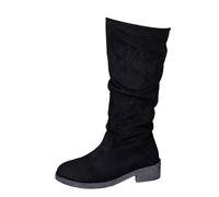 UK Size 7 Slouchy Knee High Boots Women,Faux Suede Block Low Heel Flat Pull on Knee Length Slouch Boots Calf Long Shoes Riding Combat Tall Boot Black