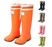 UK Size 7 Unisex Wellington Boots Women Men Foldable High Mid Calf Wellies Tall Rain Boots Packable Adjustable Drawstring Wide Calf Garden Fishing Shoes Outdoor Orange Footwear