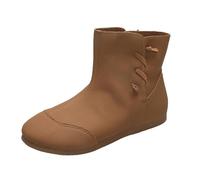 UK Size 7 Women's Faux Leather Ankle Boots No Heels,Casual Soft Flat Boots Pull on Round Toe Flats Comfortable Slip on Wide Width Low Heel Short Booties Brown
