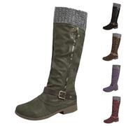 UK Size 7 Women's Knee High Boots Wide Calf Stretchy Elastic Calf Chunky Low Heel Non-Slip Western Boots with Zipper Metal Buckle Stretch Fashion Boot Green