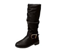 UK Size 7 Women's Slouchy Knee High Boots Flat Riding Tall Boots with Buckle Faux Leather Low Heel Side Zipper Slouch Long Booties for Party Dress Work Fall Winter Shoes Black