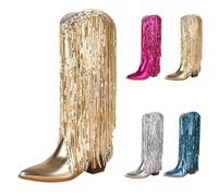 UK Size 8 Fringe Cowboy Boots for Women Metallic Knee High Cowgirl Boots Sparkly Wedding Western Party Chunky Stacked Block Heel Tall Booties Fashion Pull on Pointy Toe Gold