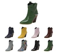 UK Size 8 Women's Wedge Cowgirl Cowboy Western Boots Booties Animal Print Mid Calf Pointed Toe Stacked Block Chunky Heels Short Ankle Boot Shoes Vintage Party Casual B1_Green