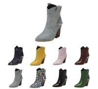 UK Size 8 Women's Wedge Cowgirl Cowboy Western Boots Booties Animal Print Mid Calf Pointed Toe Stacked Block Chunky Heels Short Ankle Boot Shoes Vintage Party Casual B1_Light Blue