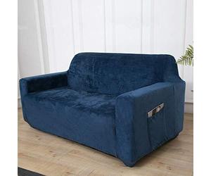 UK Sofa Covers Plush Velvet Fit Stretch Protector Soft Couch Cover With Tuckers, 3 seater,Navy