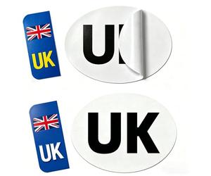 UK Stickers for Car Europe - 4 Pcs Hybrid Set with 1x Magnetic & 1x Self-Adhesive UK Oval Identifier (180x133mm), 2x Reflective Number Plate Stickers (White & Yellow) for Post-Brexit EU Travel