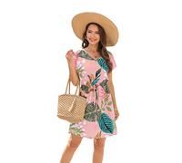 UK Summer Dresses for Women: Palm Leaf Print Beach Dress, Draw Cord, Shirt, Flora Shift, Skater, Beach Cover Ups, Ladies Midi & Mini Styles (Pink, XXL)