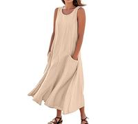 UK Summer Strappy Dresses Summer Cotton Linen Solid Color Crew Neck Sleeveless Dresses Tunic Tank Dress with Pockets White Shirt Dress (Khaki, S)
