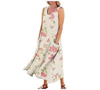 UK Sun Dresses Over 50 Summer Oversized Flowy Floral Printed Round Neck Sleeveless Dresses Casual Maxi Vest Dress with Pockets Plus Size (Pink, 4XL)