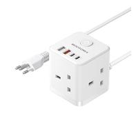 UK to Brazil Plug Adapter, PD20W 3 Way Cube Extension Lead, Type N, 1.5M | 4 Fast Charging USB (QC3.0/PD20W), Brazil Travel Adapter