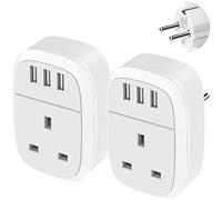 UK to European Adapter Plug 2 Pack, EU Schuko Travel Adaptor with 3 USB Port, Euro Europe Grounded Charger for Germany France Spain Turkey Iceland Greece Poland Portugal Austria Netherlands(Type E/F)